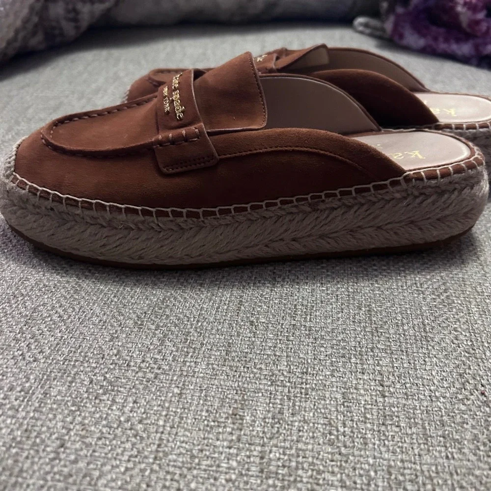 Kate Spade Eastwell Mule Women 6.5‎ Brown Suede Espadrille Platform Penny Loafer